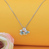 Silver Double Sky Blue Flower Pendant With Chain